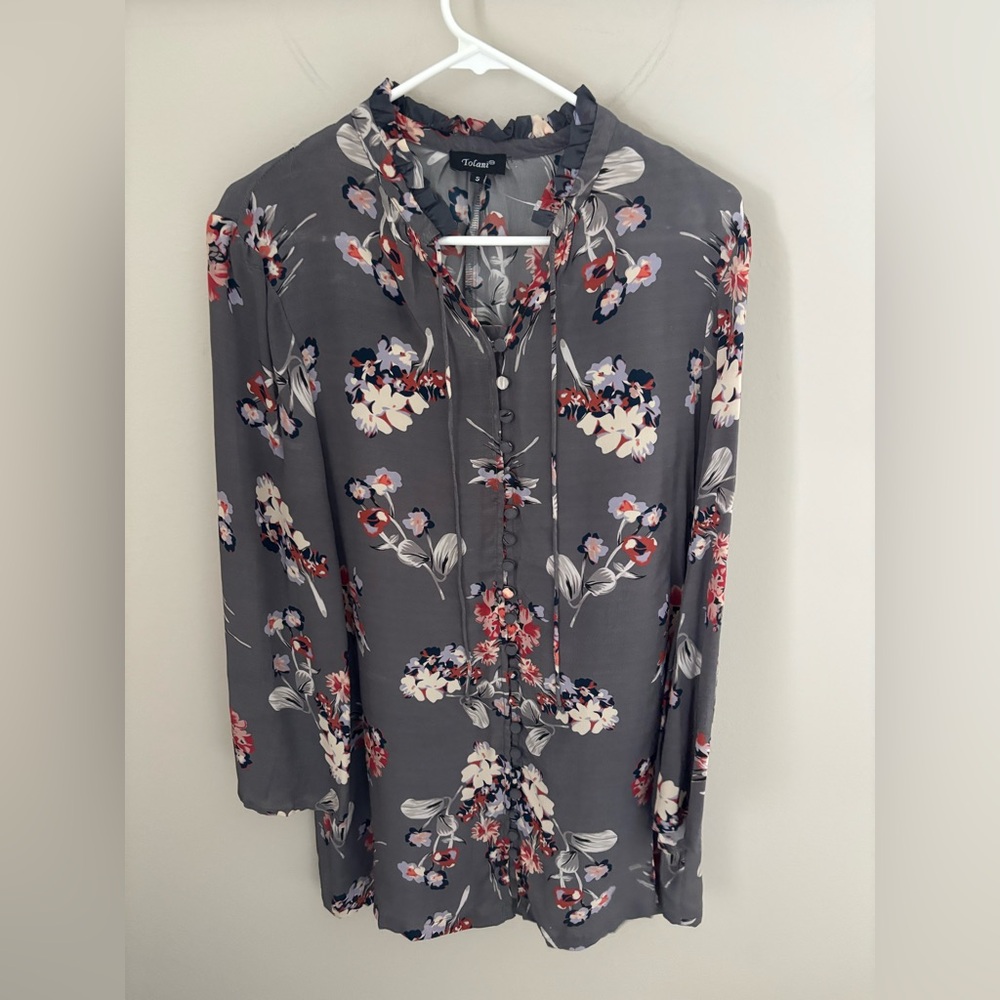 Tolani Gray Multicolor 100% Silk Floral Tunic Top Small